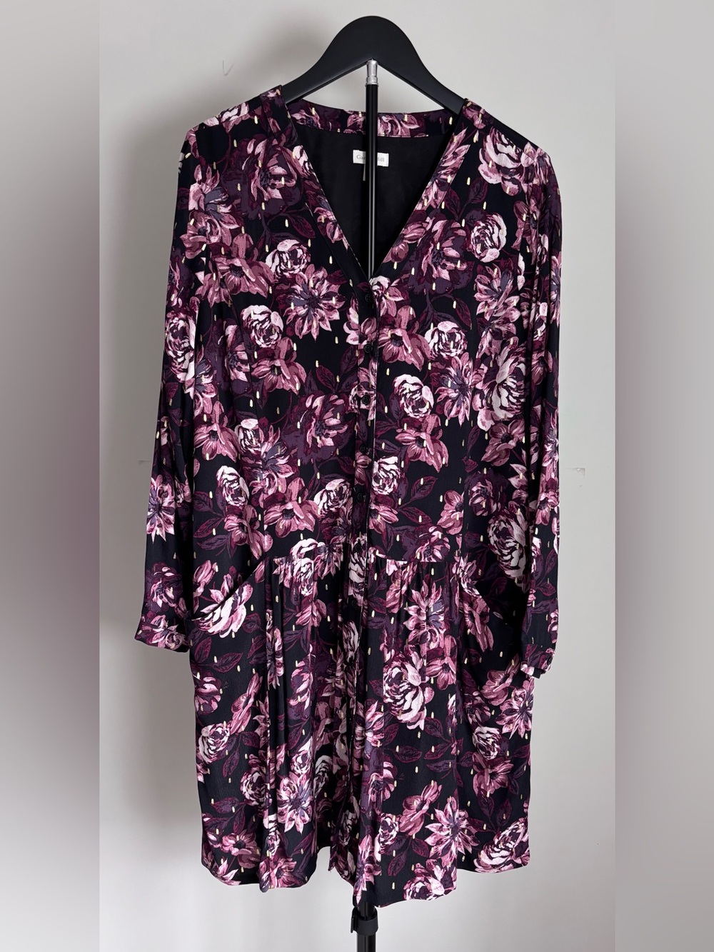 Garnet Hill Floral V-Neck Dress | Button-front | Drop-waist | Long Sleeve | M